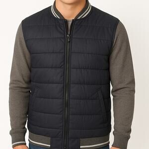 VTG Y2K American Eagle Outfitters Varsity Bomber Puffer Zip Jacket Blue Gray Med